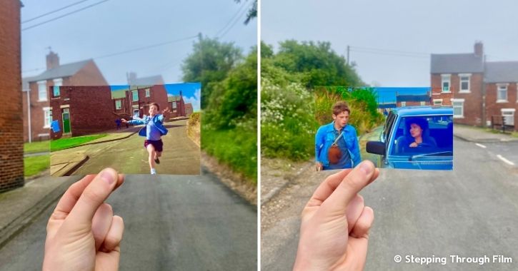 man holds up photos of scenes from Billy Elliot movie which was filmed in Easington.
